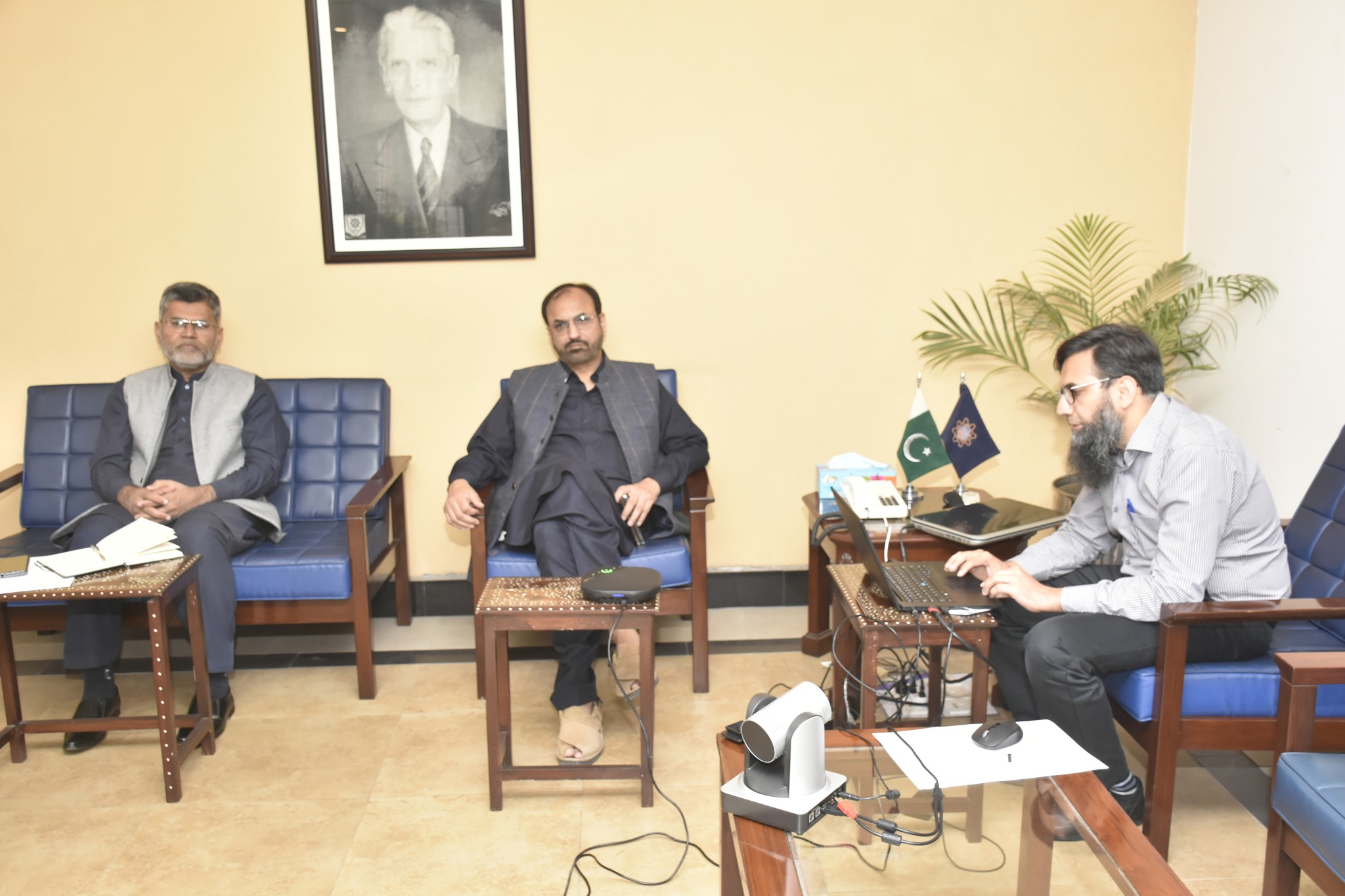 Vice Chancellor Prof. Dr. Shahid Munir (TI), Registrar Muhammad Asif and Director of Financial Aid and Career Services (FA&CS) Dr. Farhan Saeed participating in an online meeting with all Deans and Chairpersons to discuss physical verification process of Honhaar Scholarship Program.
